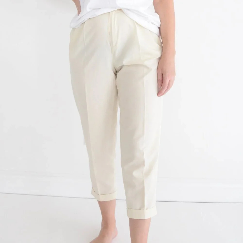 Vintage 90s Liz Sport Yellow Beige Pleated Cuffed Crop Ankle Pants Size 8 Petite